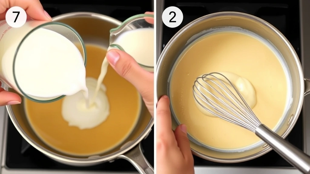 process: pouring warm milk into roux in saucepan while whisking, creating smooth cheese sauce, hand holding whisk, stainless steel pan, soft natural kitchen lighting, in-progress cooking, no text