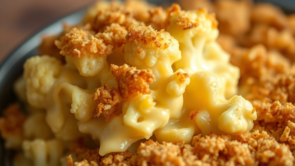 detail: close-up cross-section of cauliflower casserole showing creamy cheese sauce coating florets and crispy golden breadcrumb topping, shallow depth of field, warm natural light, no text