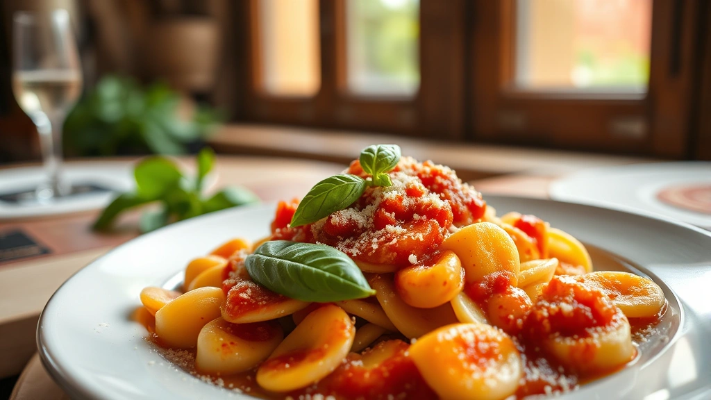 hero: beautiful plated cavatelli pasta with rich tomato sauce, fresh basil garnish, grated Parmesan cheese, warm natural window light, shallow depth of field, Italian rustic setting