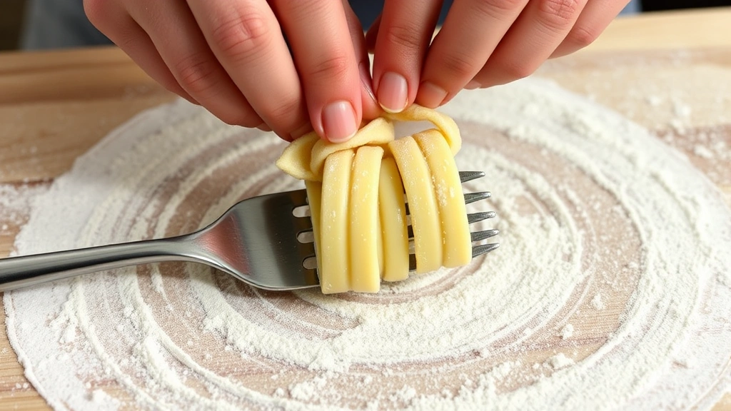 process: hands shaping cavatelli on fork tines, dough curling around fork creating ridges, flour-dusted work surface, natural kitchen lighting, close-up action shot