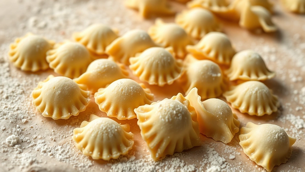 detail: close-up of finished cavatelli showing intricate ridges and shell shape, scattered on parchment paper with flour dust, warm natural light, macro photography, artistic composition