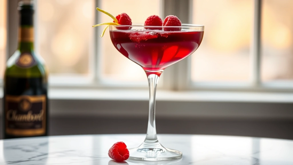 hero: elegant Chambord Martini in a chilled coupe glass with deep burgundy color, fresh raspberries on a cocktail pick garnish, lemon twist, soft natural window light, white marble background