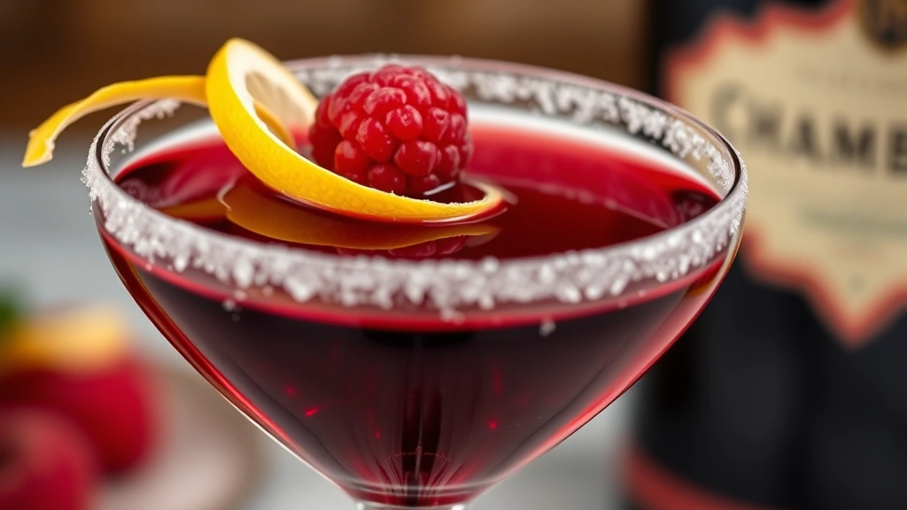 detail: close-up of finished Chambord Martini showing deep jewel-tone color, frosted glass rim, fresh raspberry garnish, lemon twist detail, shallow depth of field, elegant styling