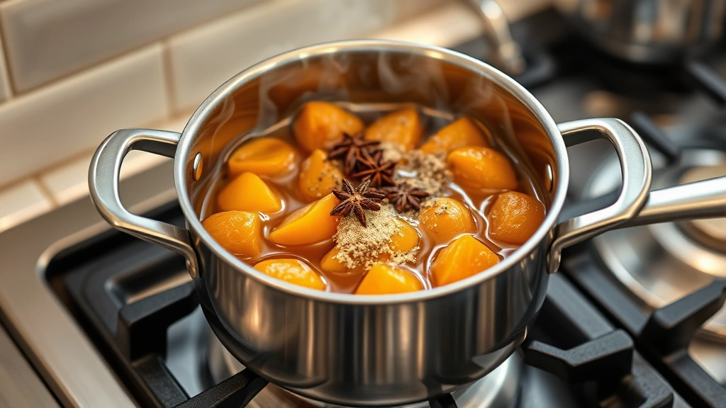 process: simmering apricots and spices in stainless steel saucepan on stovetop, steam rising, photorealistic, natural kitchen light, no text