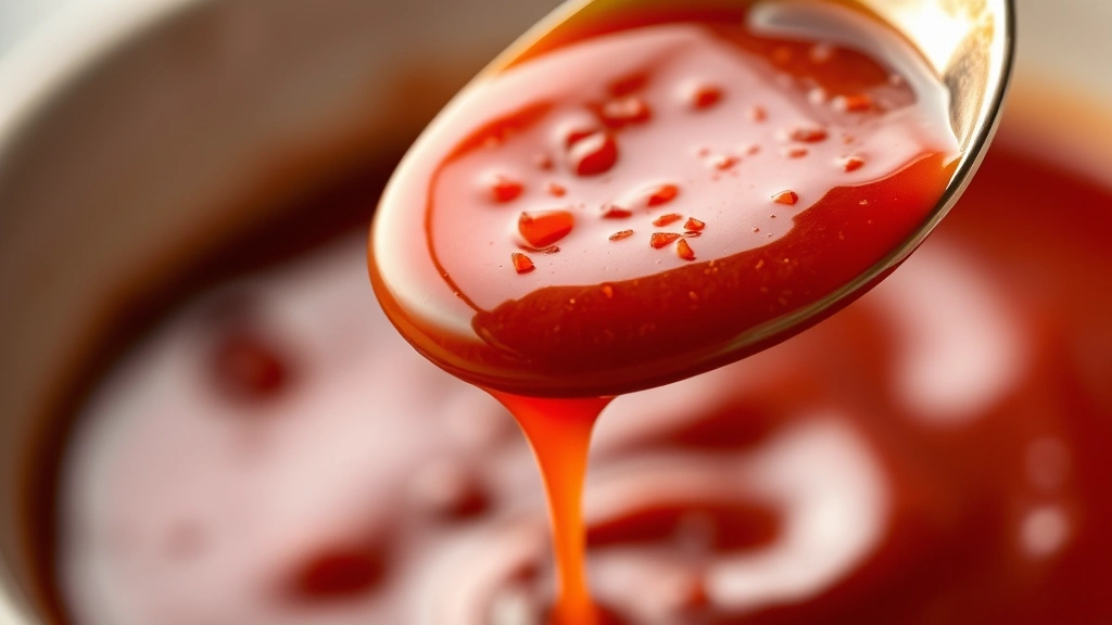 detail: close-up of thick chamoy sauce on spoon dripping back into bowl showing glossy texture, photorealistic, natural light, no text