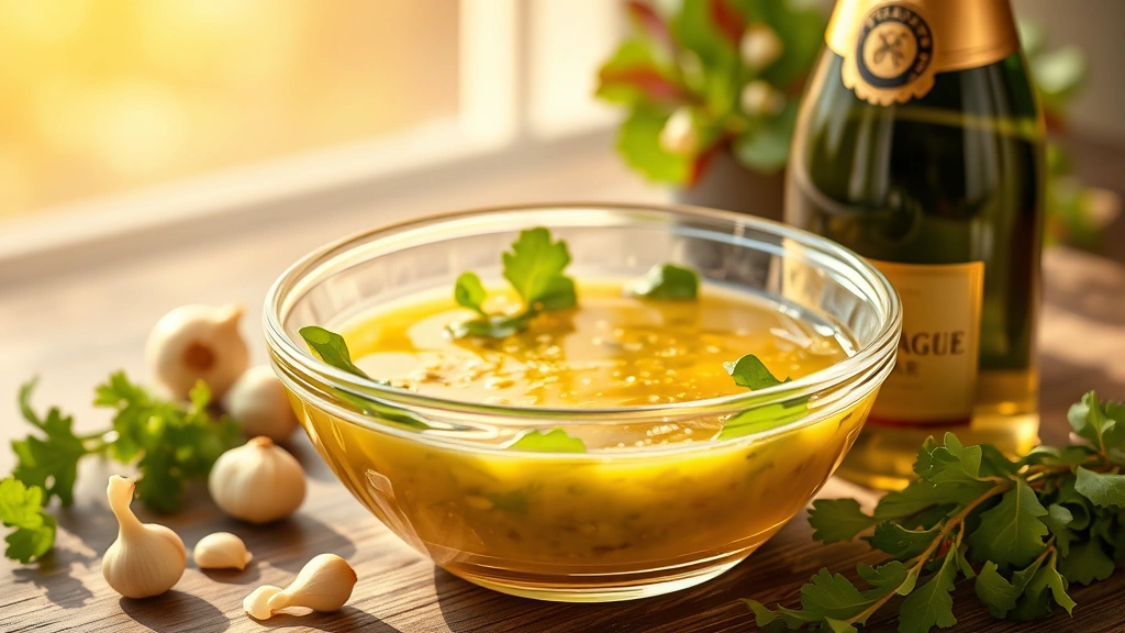 hero: champagne vinaigrette in glass bowl with fresh salad greens, shallots, and champagne vinegar bottle nearby, photorealistic, golden afternoon light streaming across, no text
