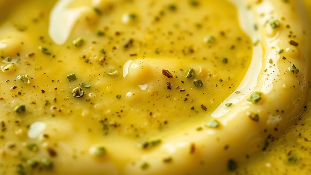 detail: close-up of creamy emulsified champagne vinaigrette with visible herb flecks, photorealistic, shallow depth of field, no text