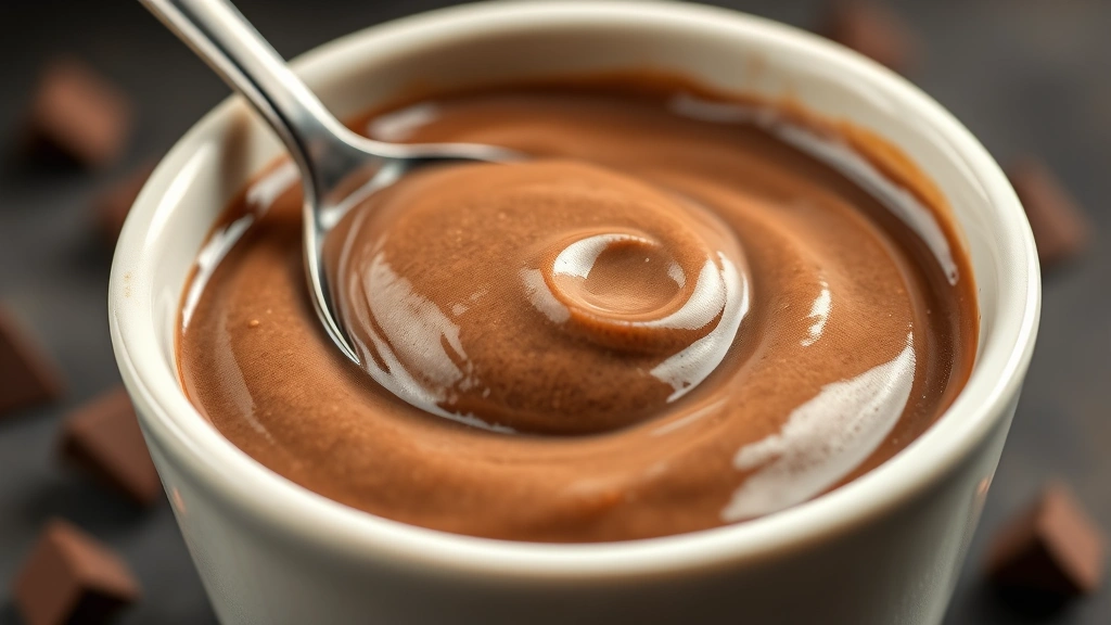 detail: close-up of silky chocolate champorado porridge with spoon, showing creamy texture and rich brown color, photorealistic, natural light, no text