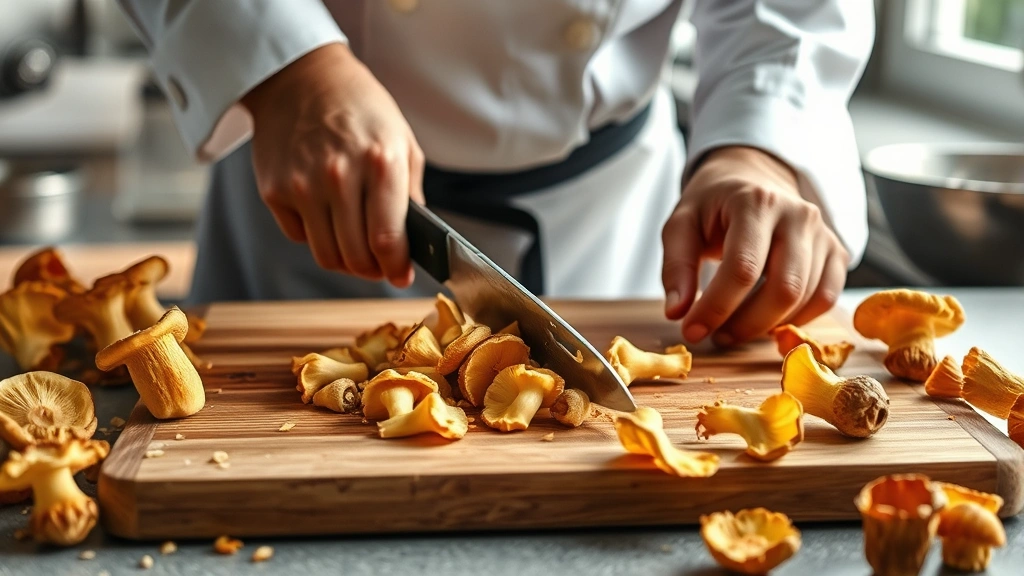 process: chef's hands slicing fresh chanterelle mushrooms on a wooden cutting board, golden mushrooms scattered around, natural daylight from window, professional kitchen setting