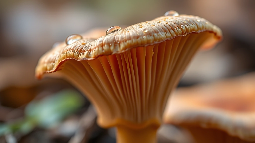 detail: close-up macro shot of chanterelle mushroom gills and funnel shape, water droplets visible after cleaning, shallow depth of field, warm natural light, individual mushroom in focus