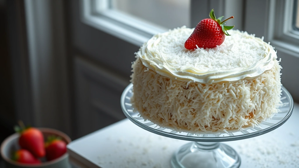 hero: whole Chantilly cake on cake stand with white whipped cream frosting and fresh shredded coconut coating, strawberry on top, photorealistic, soft natural window lighting, no text