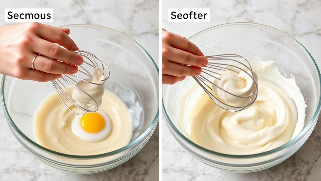 process: hands folding whipped egg whites into vanilla cake batter, clear glass mixing bowl, photorealistic, bright natural light, no text