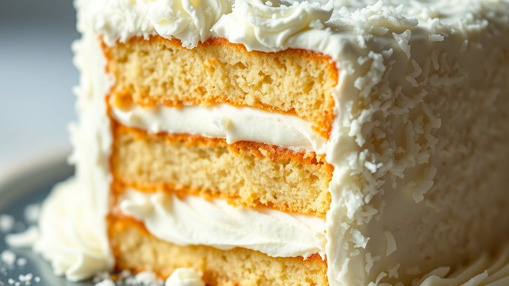 detail: close-up cross-section of Chantilly cake showing three layers with thick whipped cream frosting between layers, coconut visible on outside, photorealistic, macro photography, no text