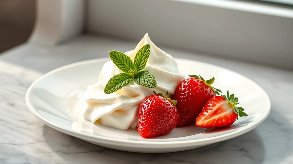 hero: elegant dollop of Chantilly cream on white plate with fresh strawberries and mint leaf, photorealistic, soft natural window light, no text