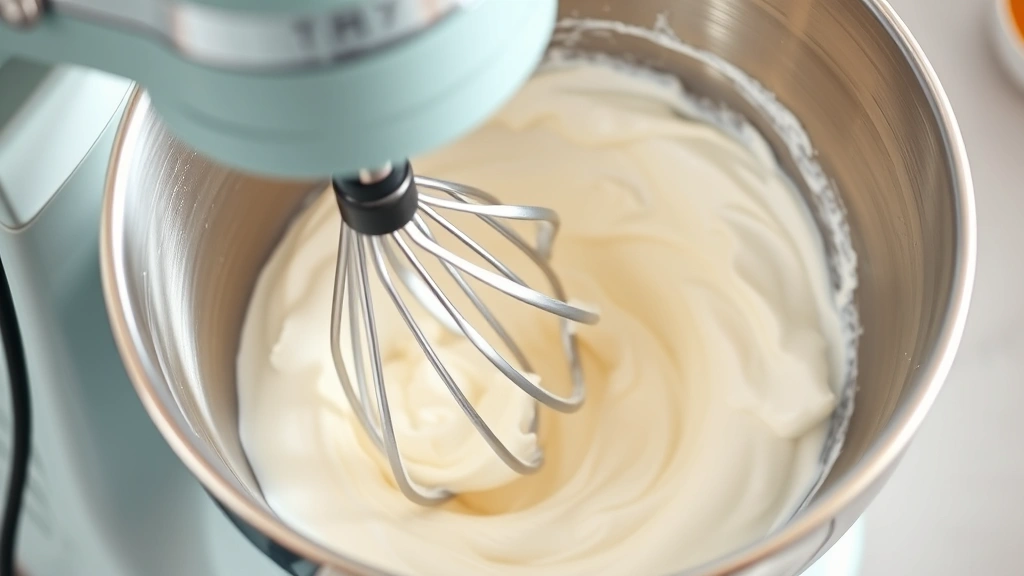 process: whipping cream in metal mixing bowl with electric mixer, cream transforming into soft peaks, photorealistic, bright kitchen light, no text