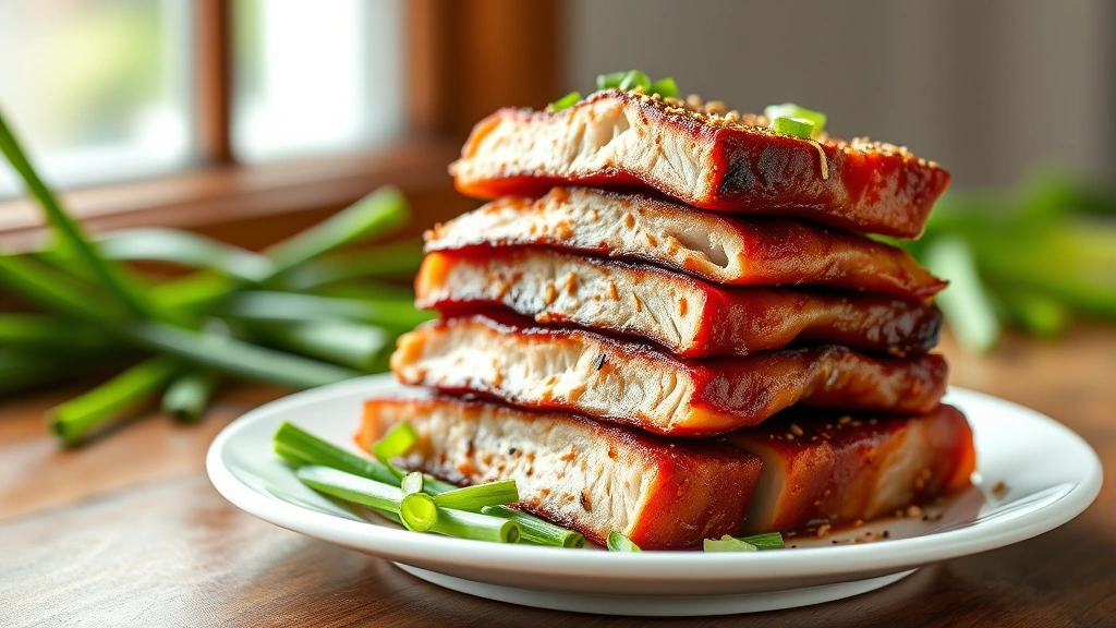 hero: sliced char siu pork with caramelized mahogany exterior stacked on white plate with green onions and sesame seeds, photorealistic, natural window light, no text