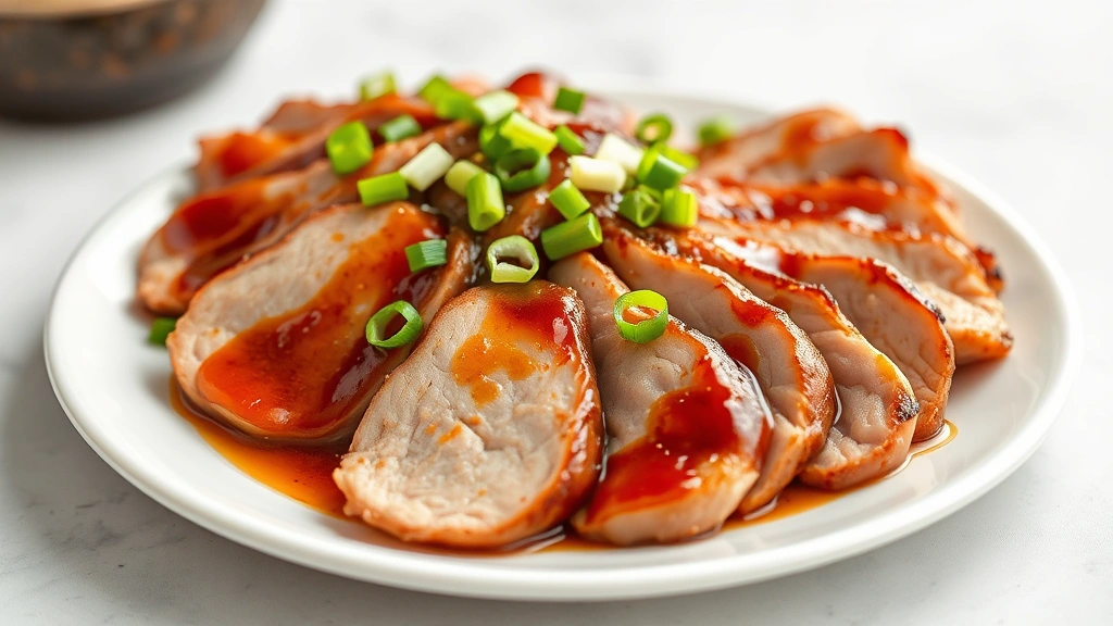 hero: sliced chashu pork arranged on white plate with glossy caramelized glaze and green onion garnish, photorealistic, natural daylight, shallow depth of field, no text