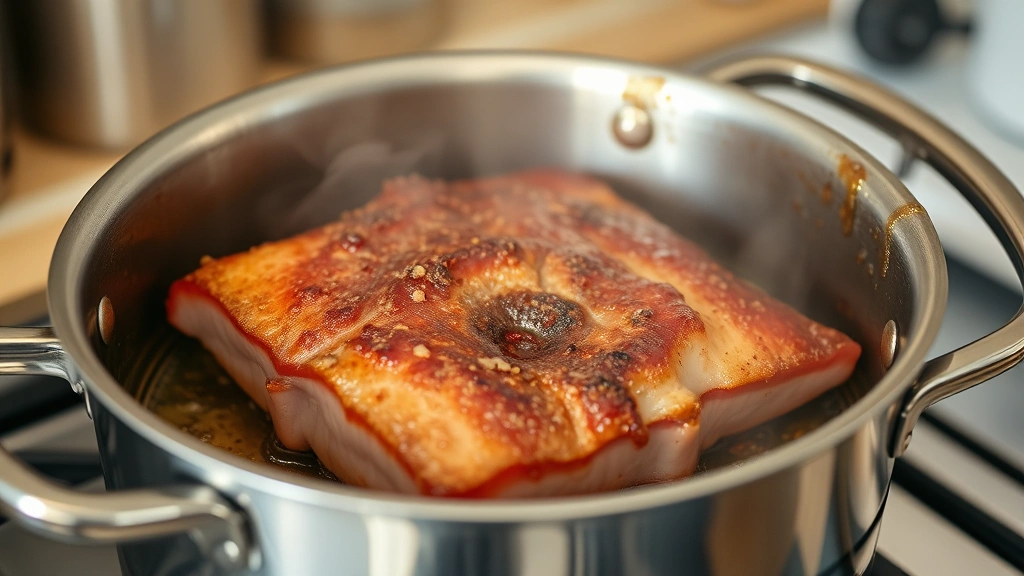 process: pork belly being seared in stainless steel pot with golden crust forming, photorealistic, warm kitchen lighting, no text
