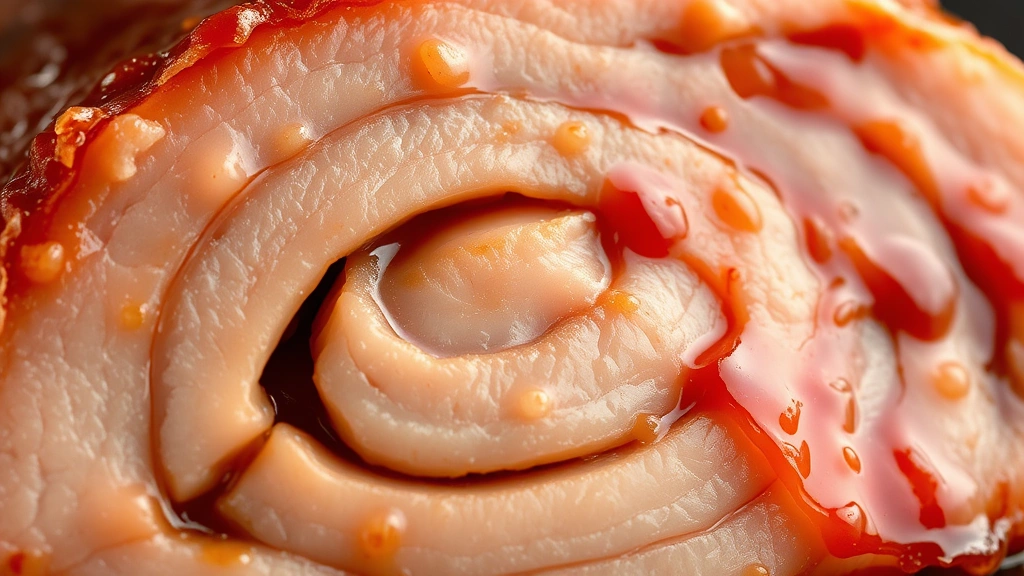 detail: close-up cross-section of chashu pork showing tender meat and fat layers with glossy sauce coating, photorealistic, macro photography, natural light, no text