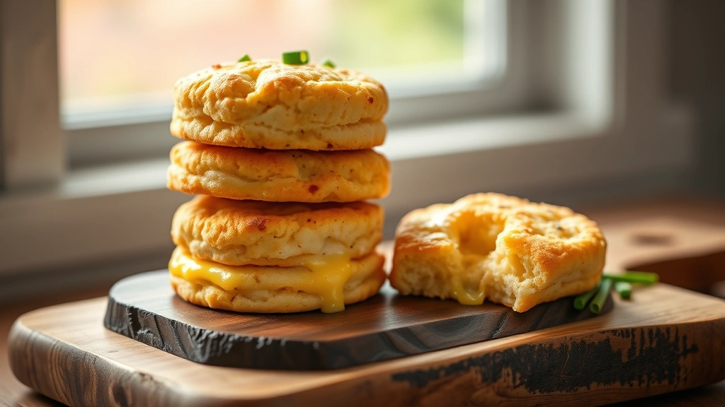 hero: golden-brown cheddar biscuits stacked on a rustic wooden board with melted cheese visible, fresh chives garnish, warm natural window light, no text, shallow depth of field