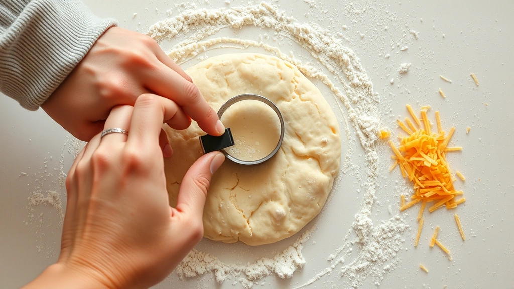process: hands gently cutting biscuit dough with a round cutter, flour dust in the air, shredded cheddar cheese scattered nearby, bright kitchen counter, no text
