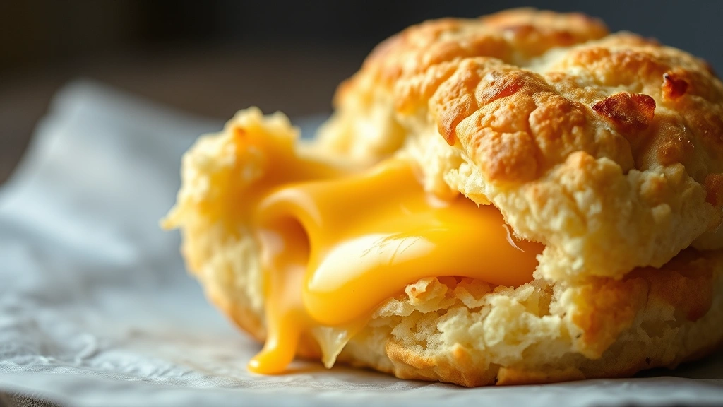 detail: close-up of a warm split cheddar biscuit showing flaky layers and melted cheese, steam rising, soft natural lighting, no text, macro photography