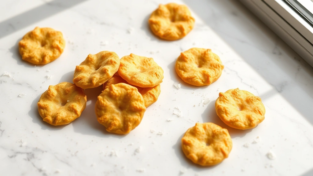 hero: golden-brown homemade cheese crackers arranged on a white marble surface with scattered fleur de sel, natural window light, soft shadows, 50mm lens, photorealistic