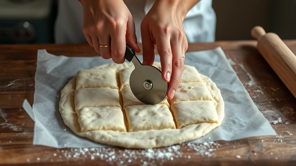 process: hands cutting dough into squares with a pizza cutter on parchment paper, rolling pin nearby, photorealistic, natural kitchen lighting, close-up perspective