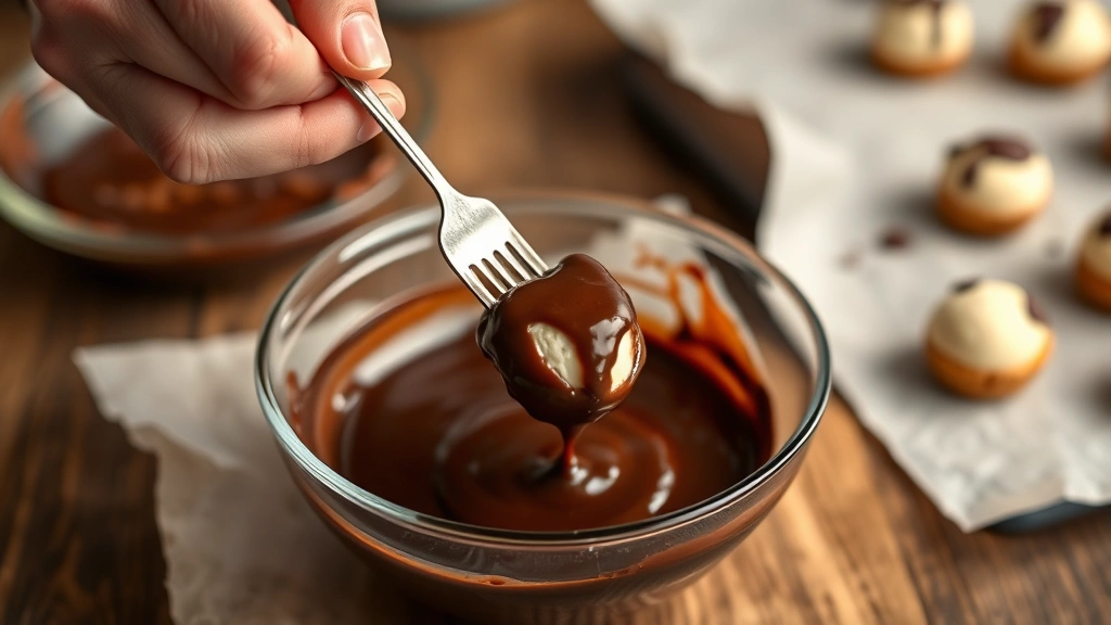 process: hands dipping a cheesecake ball into melted chocolate using a fork, chocolate dripping back into bowl, parchment paper and balls visible in background, warm soft lighting, cooking in progress aesthetic
