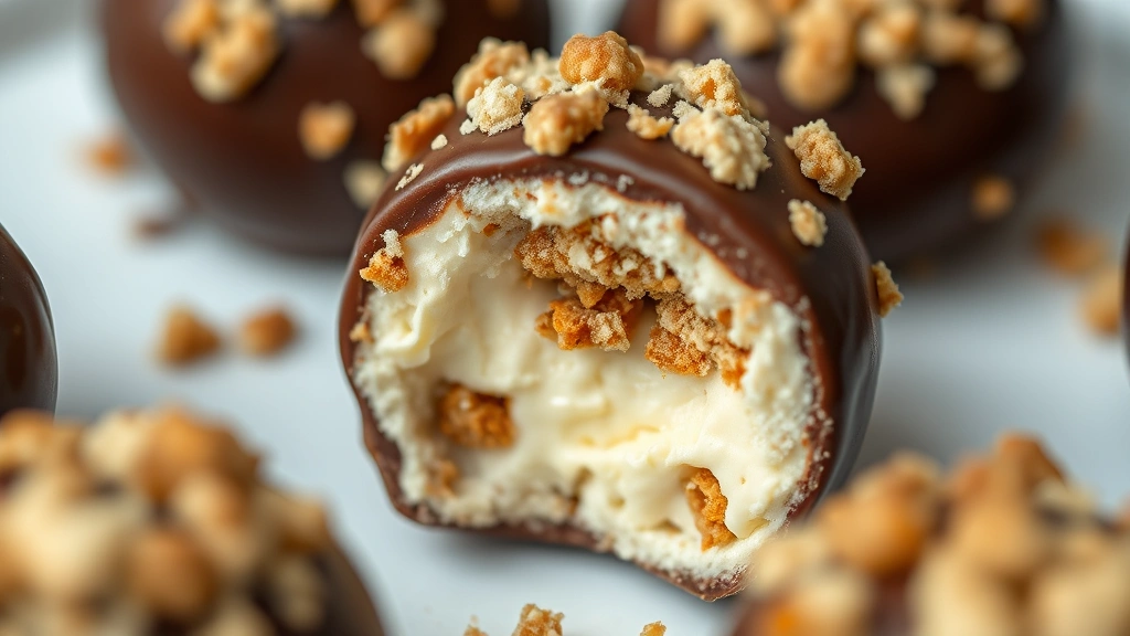 detail: close-up macro shot of single cheesecake ball showing smooth cream cheese filling with graham cracker pieces, glossy chocolate coating with crumb topping, shallow depth of field, natural daylight, professional food photography