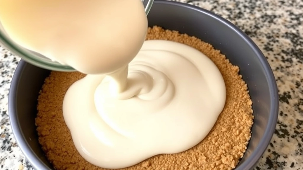 process: Pouring silky smooth cheesecake batter over graham cracker crust in baking pan, close angle showing batter texture, kitchen counter setting, natural lighting, no text