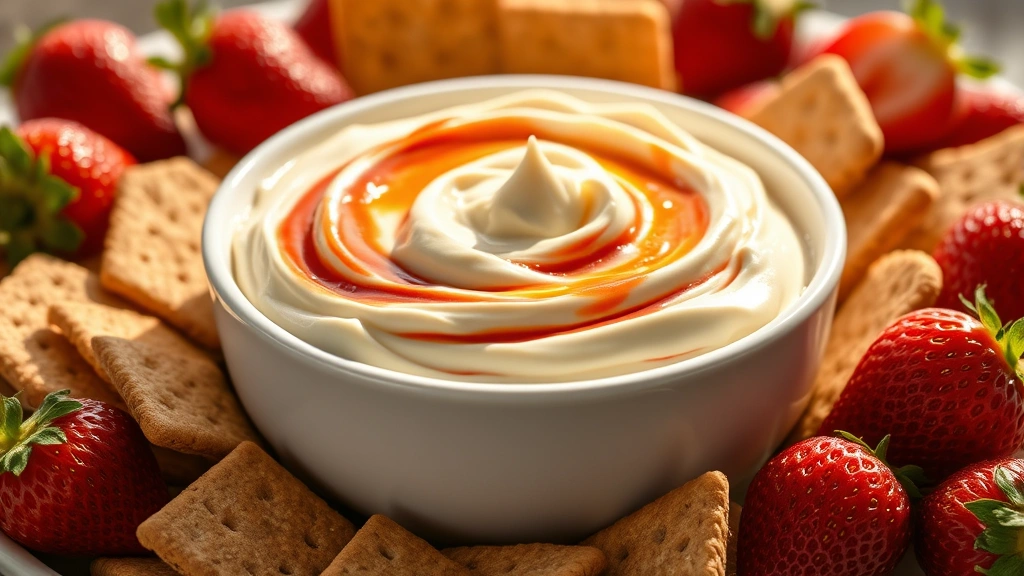 hero: creamy cheesecake dip in white bowl surrounded by graham crackers and fresh strawberries, photorealistic, natural daylight streaming from left, no text