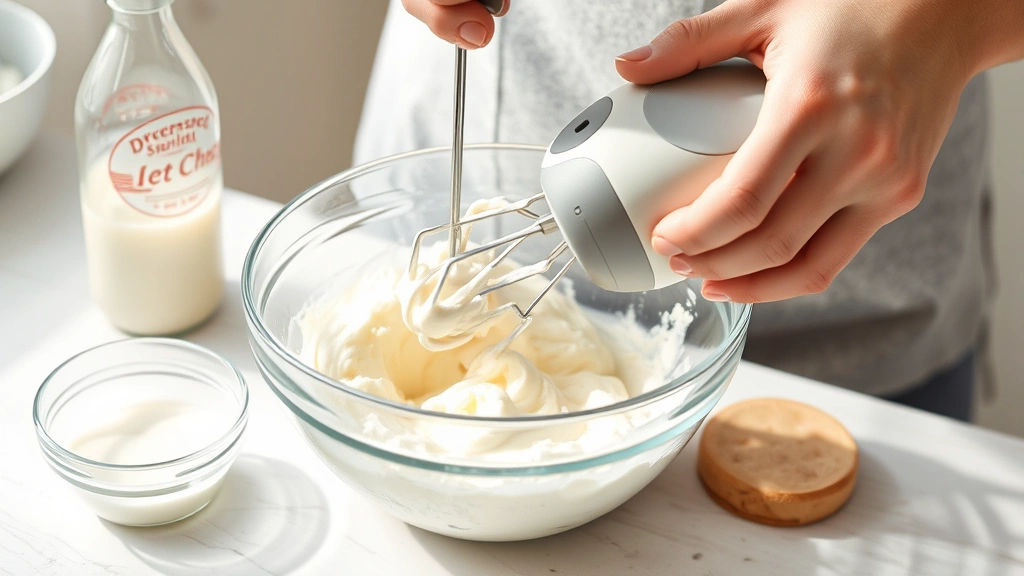 process: hands beating cream cheese with electric mixer in glass bowl, condensed milk bottle nearby, photorealistic, bright natural light, no text
