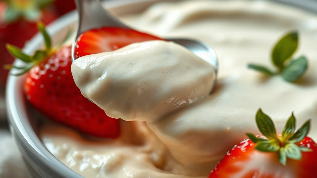 detail: close-up of spoon dipping into creamy cheesecake dip with fresh strawberry nearby, photorealistic, soft natural light, no text