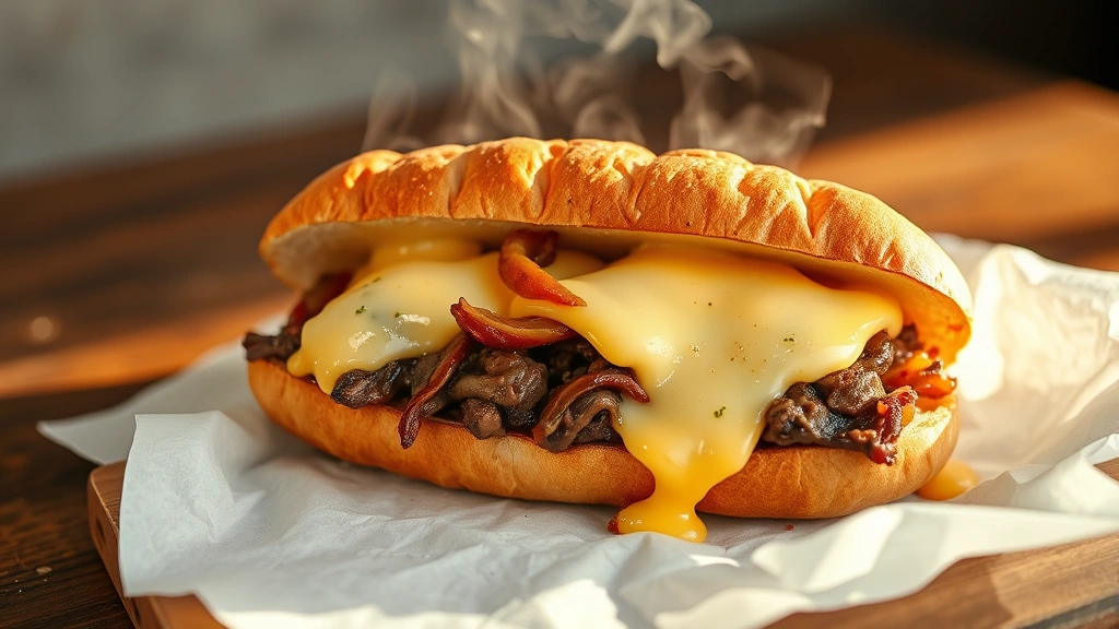 hero: A perfectly made Philadelphia cheesesteak sandwich on a hoagie roll with melted cheese oozing out and caramelized onions visible, sitting on white parchment paper with steam rising, photorealistic, natural daylight from the side, no text, appetizing