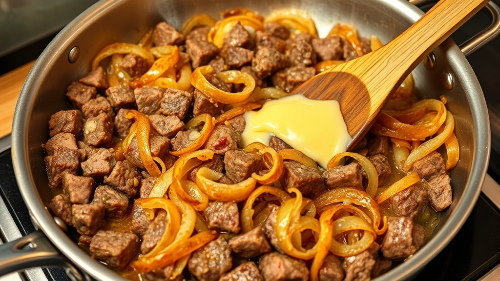 process: A stainless steel skillet filled with thinly sliced beef cooking with golden caramelized onions, cheese melting over top, wooden spoon stirring, photorealistic, warm natural kitchen lighting, no text