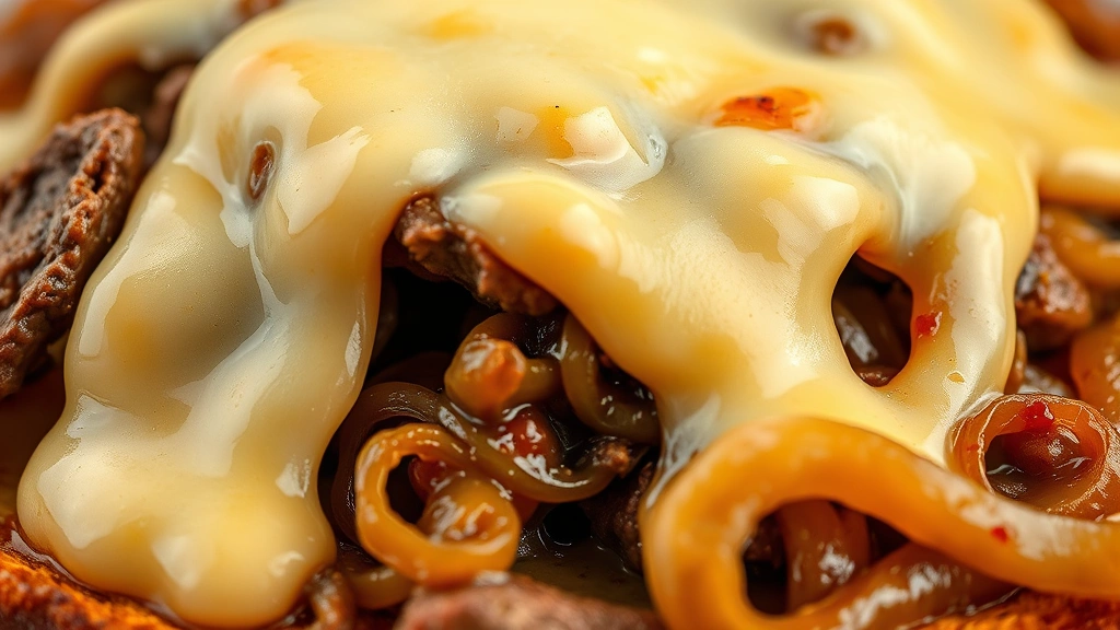 detail: Close-up macro shot of melted cheese draped over tender beef and sweet caramelized onions, glistening and creamy, photorealistic, shallow depth of field, natural light, no text