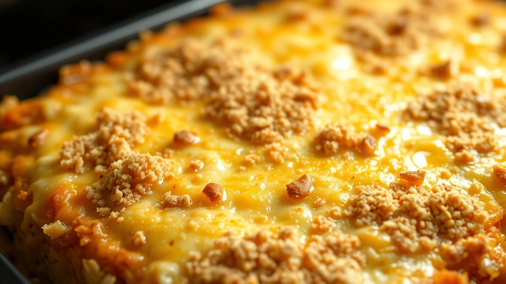 hero: golden bubbly cheesy hashbrown casserole fresh from oven, close-up of melted cheese top with breadcrumb topping, photorealistic, natural light, no text