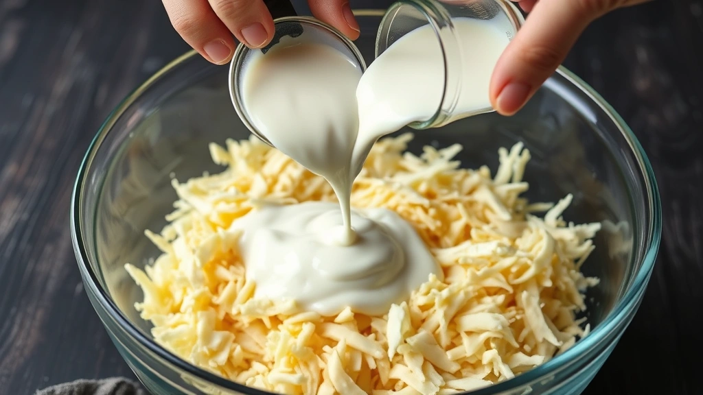 process: hands pouring creamy sour cream mixture over shredded potatoes and cheese in mixing bowl, photorealistic, natural light, no text
