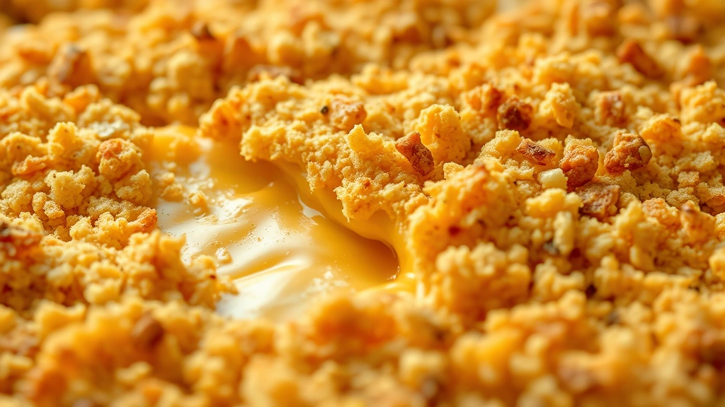 detail: close-up of golden crispy breadcrumb topping with melted cheddar cheese visible underneath, photorealistic, natural light, no text