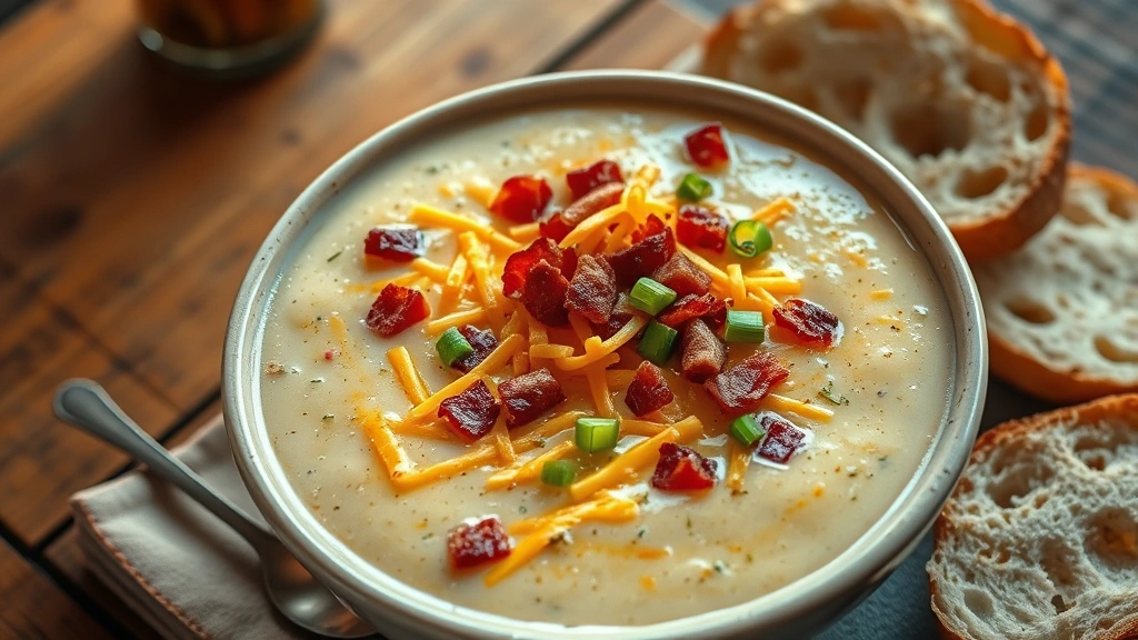 hero: steaming bowl of creamy cheesy potato soup topped with bacon bits, green onions, and melted cheddar cheese, rustic wooden table, warm natural lighting, crusty bread on the side, photorealistic, no text