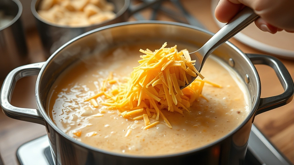 process: hand stirring shredded cheddar cheese into creamy potato soup in a large pot, cheese melting into soup, steam rising, warm kitchen lighting, photorealistic, no text