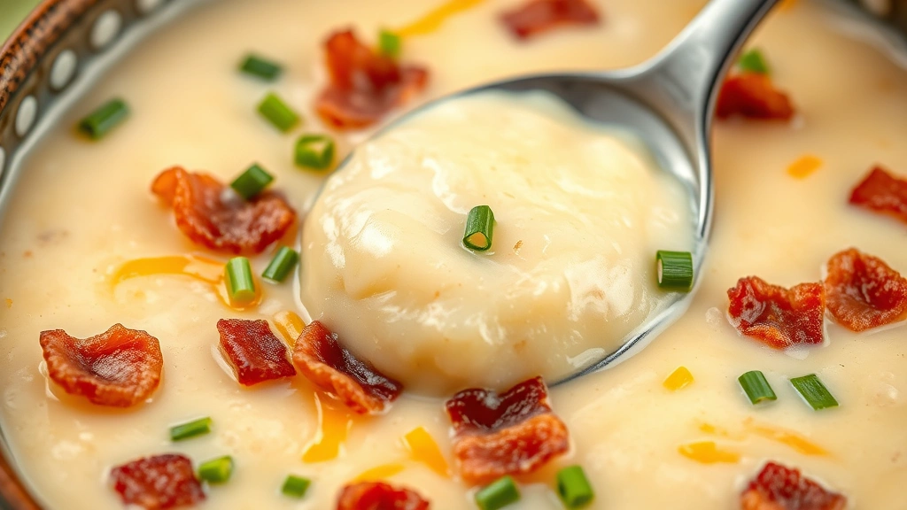 detail: close-up of creamy potato soup with crispy bacon pieces, fresh chives, melted cheddar cheese visible, spoon dipping in, photorealistic, natural light, no text