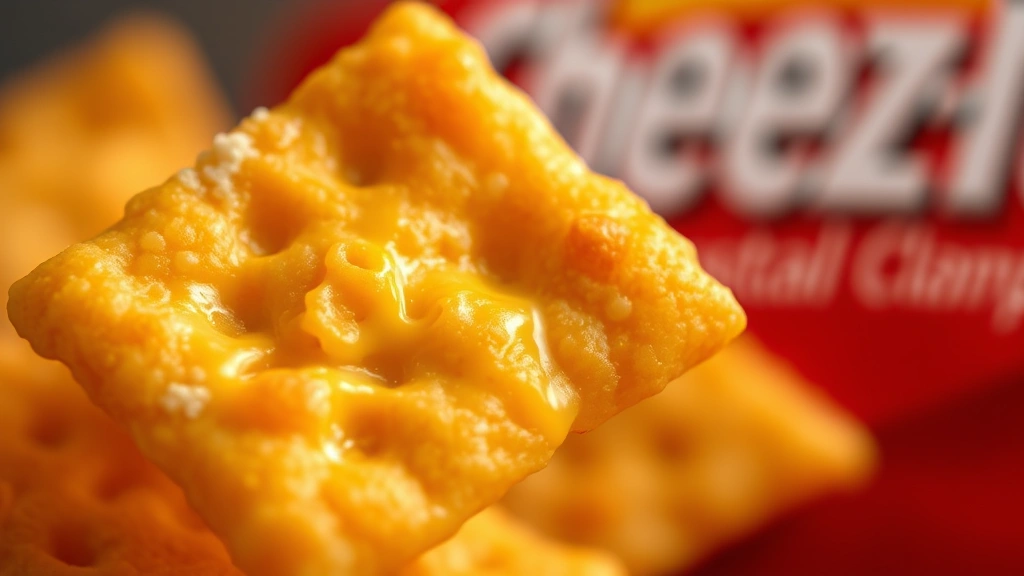 detail: close-up of crispy golden Cheez-It cracker showing texture and cheese coating, photorealistic, natural light, shallow depth of field, no text