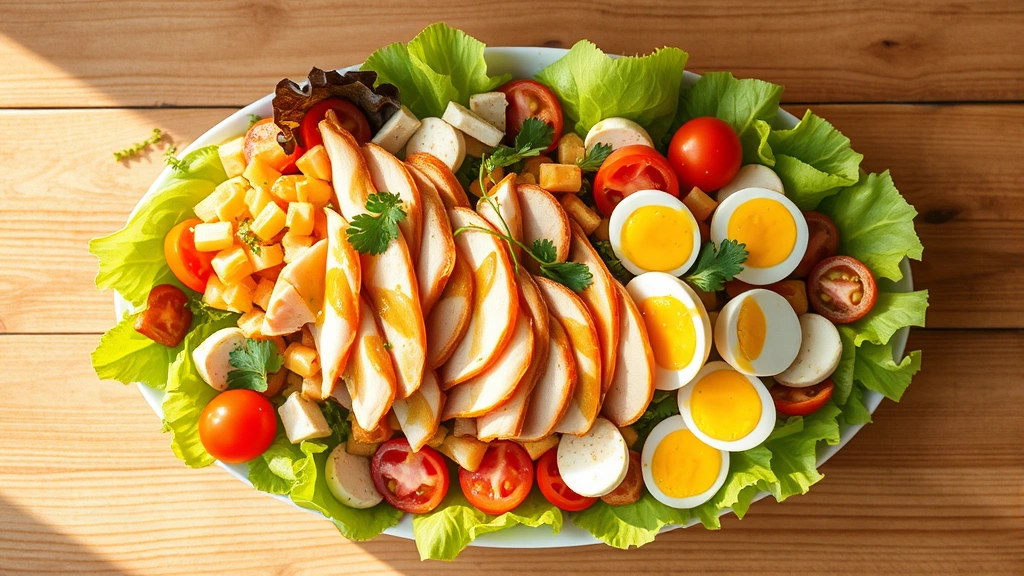 hero: vibrant chef salad with rows of ham, turkey, cheese, eggs, and fresh vegetables on crisp romaine lettuce, drizzled with vinaigrette, photorealistic, natural daylight streaming across wooden table, no text, top-down angle