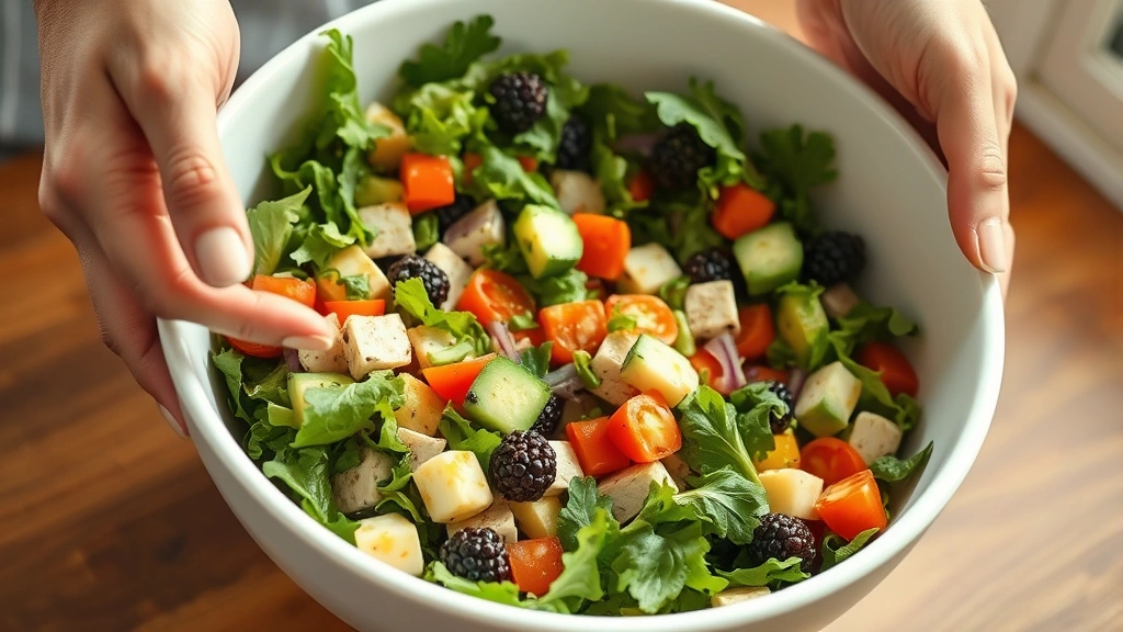 process: hands tossing fresh salad components together in a large white bowl, showing mixed greens, colorful vegetables, and proteins mid-toss, photorealistic, natural window light, no text, close enough to see motion