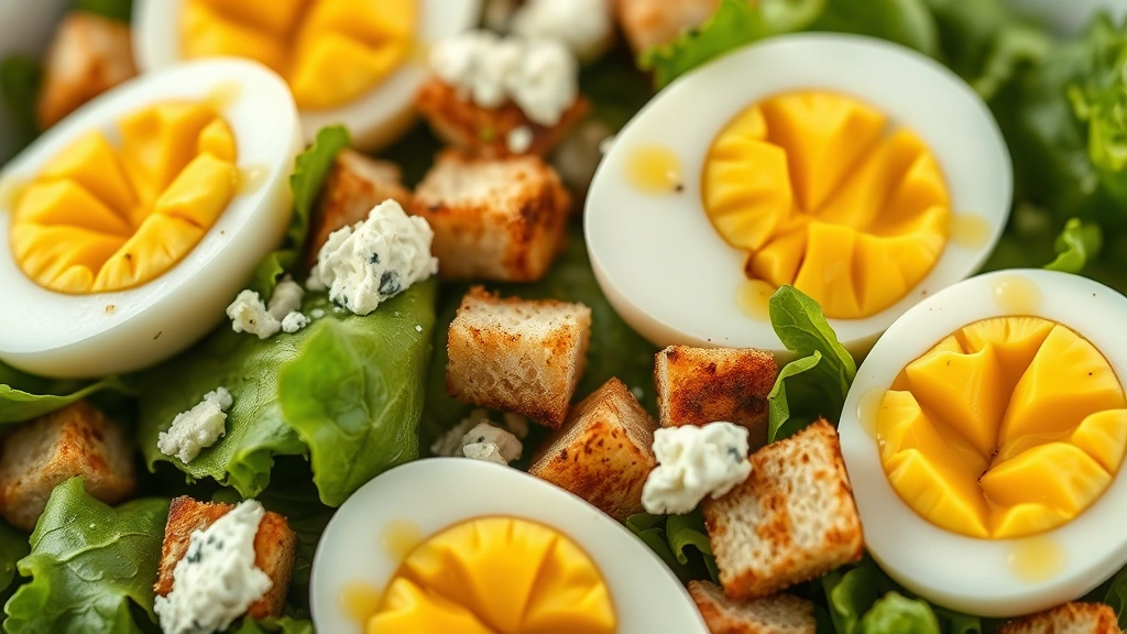 detail: close-up of perfectly arranged hard-boiled egg halves, crispy croutons, and blue cheese crumbles on fresh greens with vinaigrette droplets, photorealistic, natural light, shallow depth of field, no text