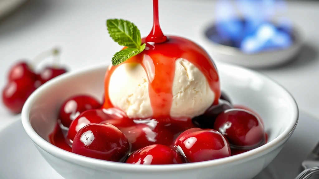 hero: Cherries Jubilee dessert with warm ruby-red cherry sauce dripping over a generous scoop of melting vanilla ice cream in a white bowl, small blue flames visible in background, fresh mint leaf garnish, photorealistic, studio lighting, elegant presentation, no text
