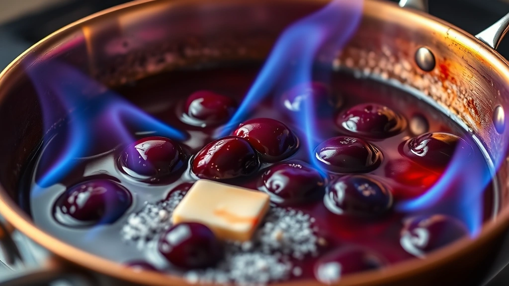 process: Close-up of flambéing cherries in a copper skillet, blue flames dancing over glossy cherry sauce, butter melting into sugar, photorealistic, warm natural light, action shot, no text