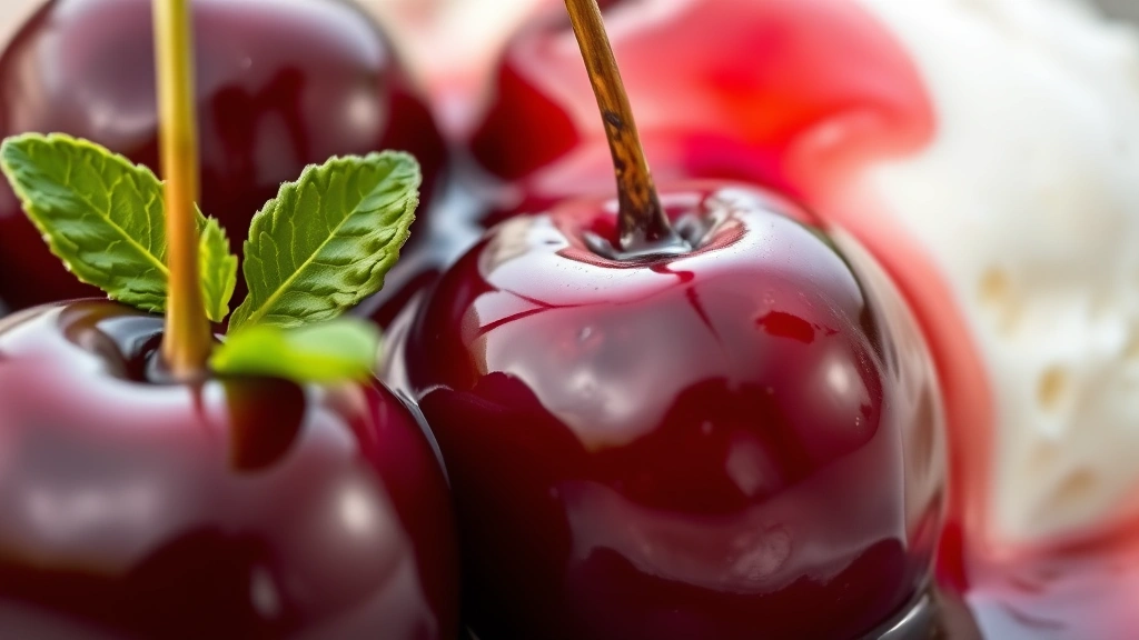 detail: Extreme close-up of individual glossy dark red cherries glistening with sauce coating, vanilla ice cream beginning to melt into the cherry compote, mint leaf garnish visible, photorealistic, macro photography, shallow depth of field, no text